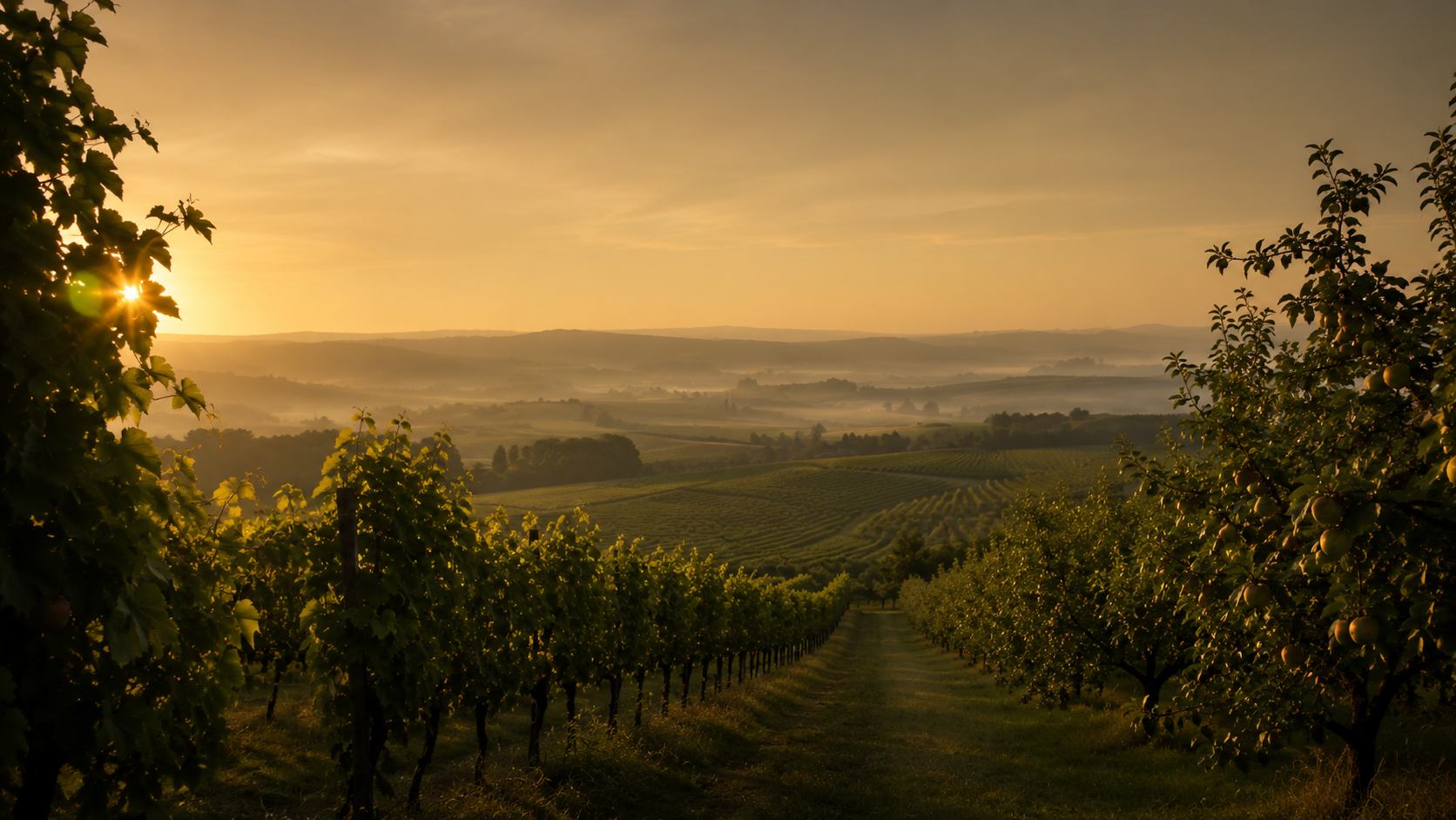 Filari di vigna al tramonto
